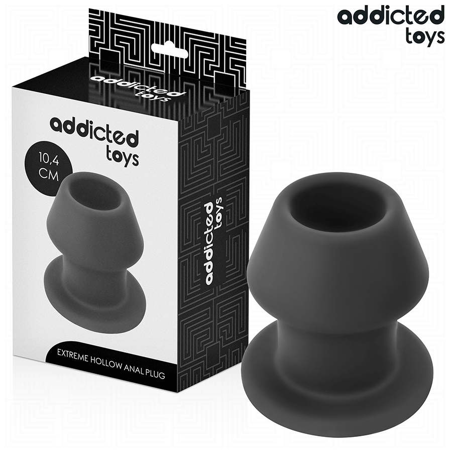 Plug Anal Extremo Oco Addicted Toys de silicone, detalhe do design e dimensões.