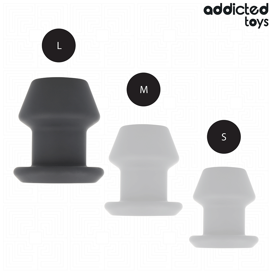 Plug Anal Extremo Oco Addicted Toys de silicone, detalhe do design e dimensões.