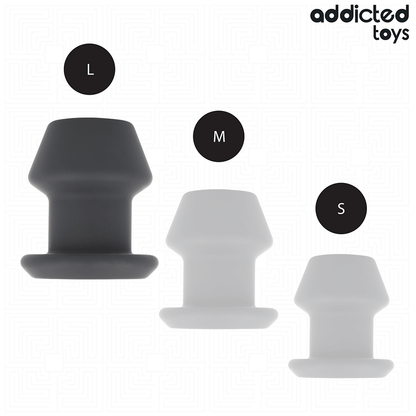 Plug Anal Extremo Oco Addicted Toys de silicone, detalhe do design e dimensões.