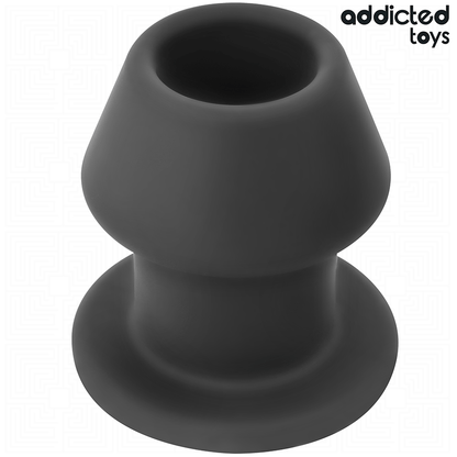 Plug Anal Extremo Oco Addicted Toys de silicone, detalhe do design e dimensões.