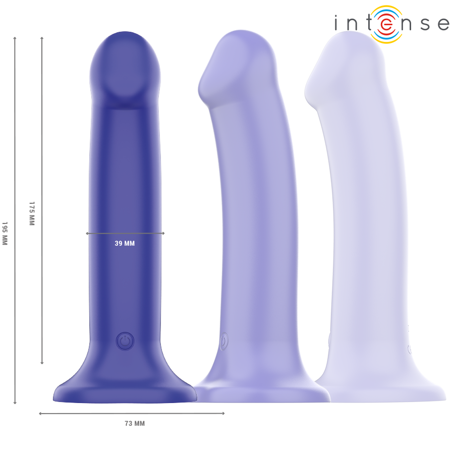 Close-up do Vibrador Intense Victoria azul escuro com ventosa e controle remoto, exibindo o design ergonômico e material de silicone macio.