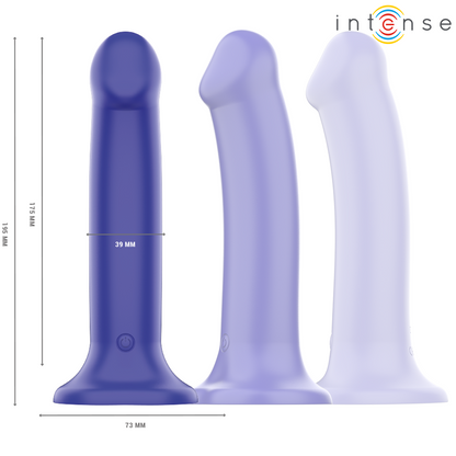 Close-up do Vibrador Intense Victoria azul escuro com ventosa e controle remoto, exibindo o design ergonômico e material de silicone macio.