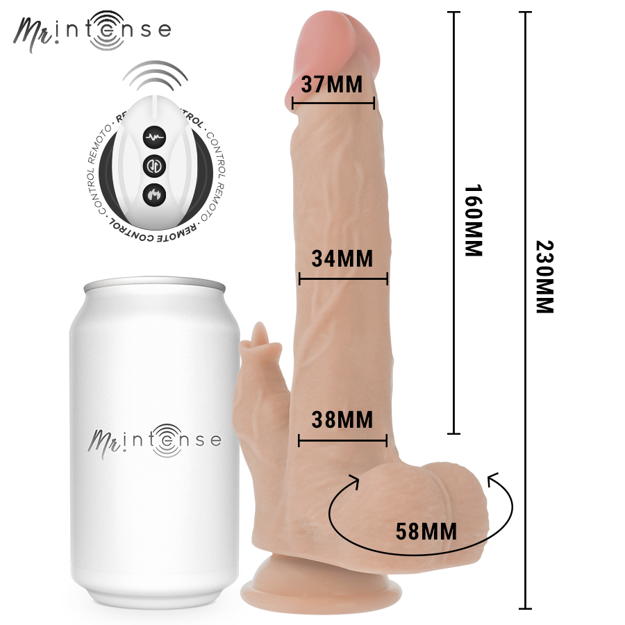 MR INTENSE Redford Vibrador Pênis Realista com Controle Remoto 23 cm, destacando textura e detalhes.