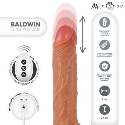 Close-up do Vibrador Realista Baldwin MR INTENSE com movimento vertical e controle remoto.
