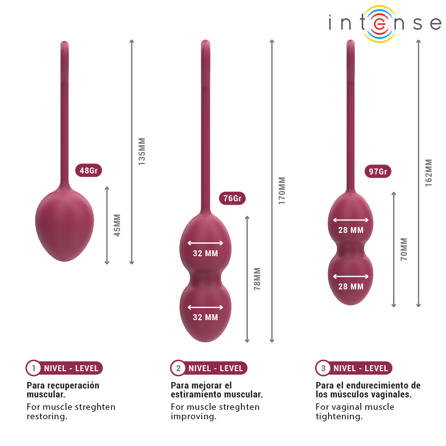 INTENSE Kit Bolas de Kegel Charli Burgundy 3 Peças para fortalecimento do assoalho pélvico.