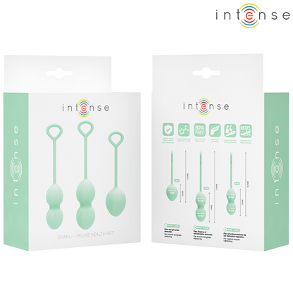 Close-up do Kit Intense Charli Bolas de Kegel Verde Claro 3 Peças para fortalecimento pélvico.