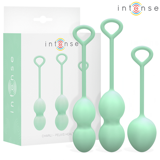 Close-up do Kit Intense Charli Bolas de Kegel Verde Claro 3 Peças para fortalecimento pélvico.