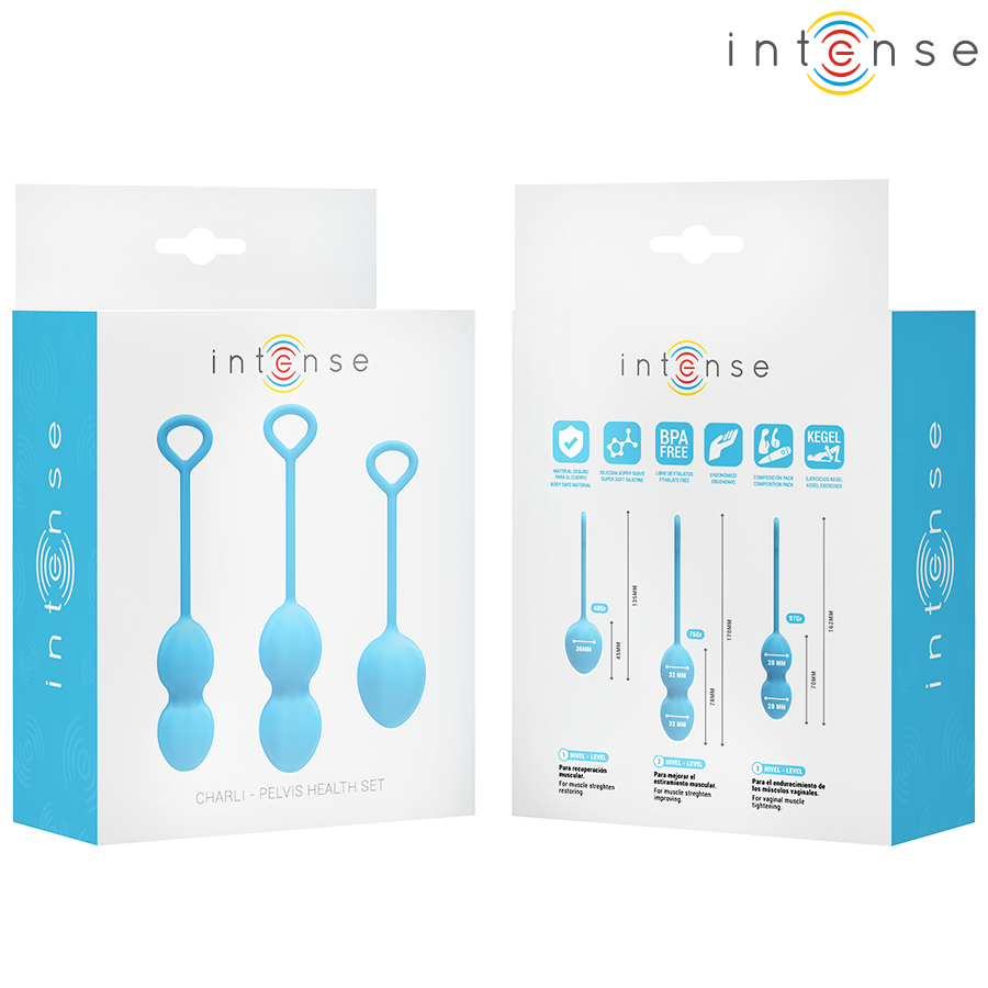 Close-up of the 'INTENSE Kit Charli Bolas de Kegel 3 Peças para Fortalecimento Pélvico' showing its ergonomic design and silicone material.