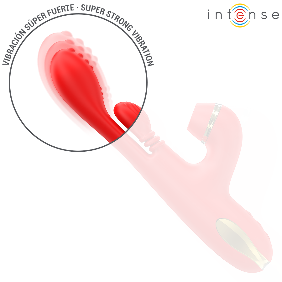INTENSE Vibrador Multifuncional Katy Vermelho com 4 cabeças intercambiáveis, detalhe das texturas e funcionalidades.