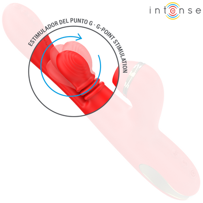 INTENSE Vibrador Multifuncional Katy Vermelho com 4 cabeças intercambiáveis, detalhe das texturas e funcionalidades.
