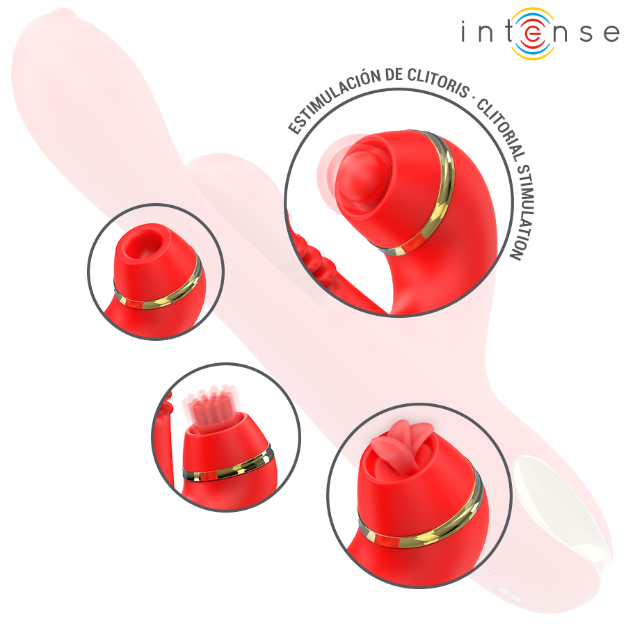 INTENSE Vibrador Multifuncional Katy Vermelho com 4 cabeças intercambiáveis, detalhe das texturas e funcionalidades.