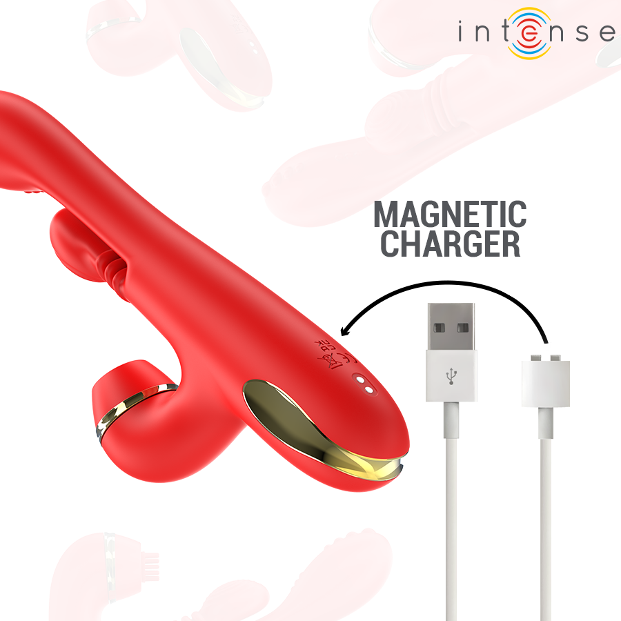 INTENSE Vibrador Multifuncional Katy Vermelho com 4 cabeças intercambiáveis, detalhe das texturas e funcionalidades.
