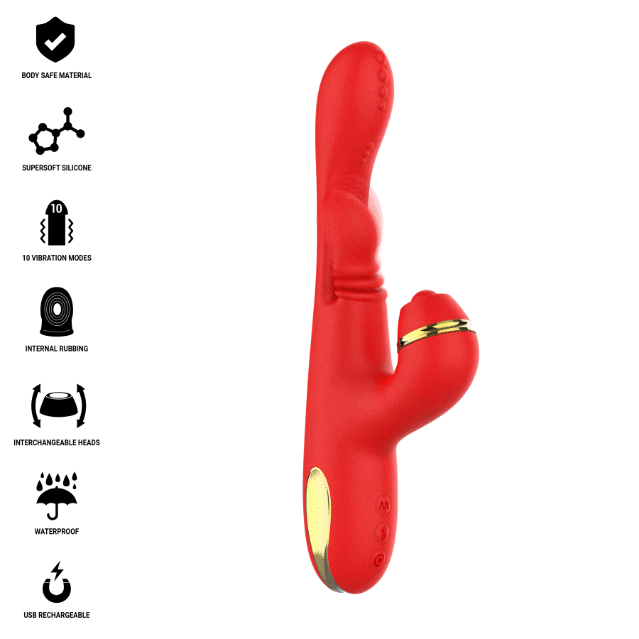 INTENSE Vibrador Multifuncional Katy Vermelho com 4 cabeças intercambiáveis, detalhe das texturas e funcionalidades.