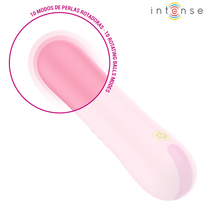 Vibrador INTENSE Barbara com pérolas rotativas e vibração dupla, mostrando seu design ergonómico de silicone macio.