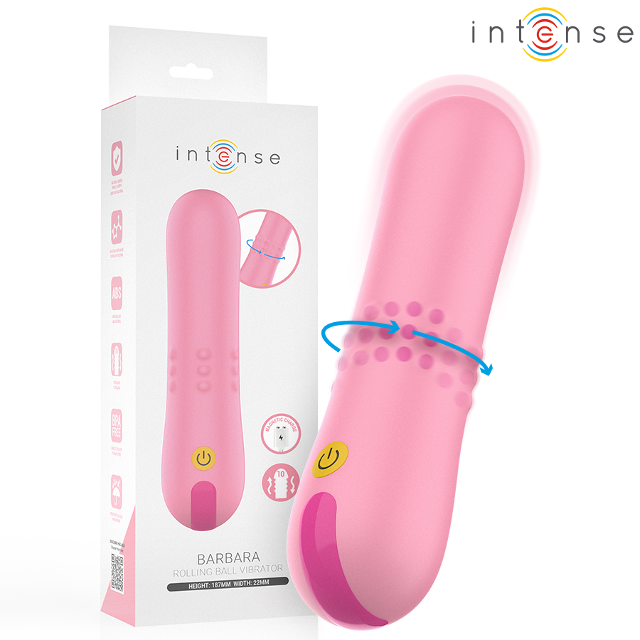 Vibrador INTENSE Barbara com pérolas rotativas e vibração dupla, mostrando seu design ergonómico de silicone macio.