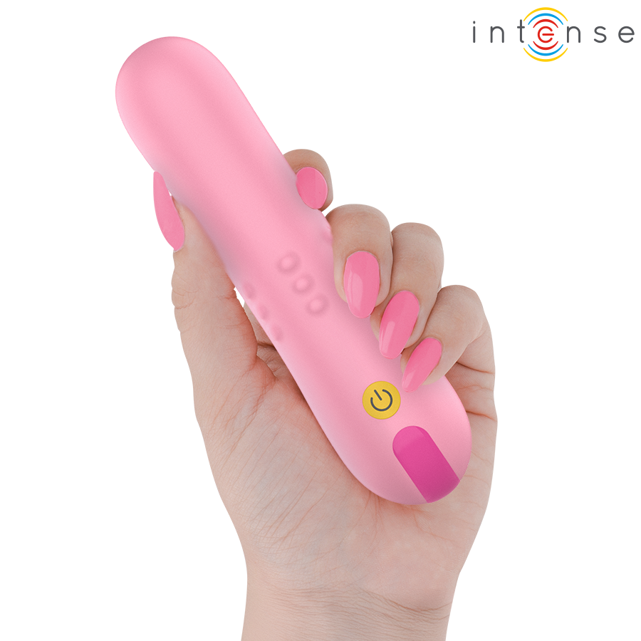 Vibrador INTENSE Barbara com pérolas rotativas e vibração dupla, mostrando seu design ergonómico de silicone macio.
