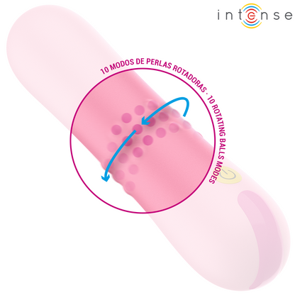 Vibrador INTENSE Barbara com pérolas rotativas e vibração dupla, mostrando seu design ergonómico de silicone macio.