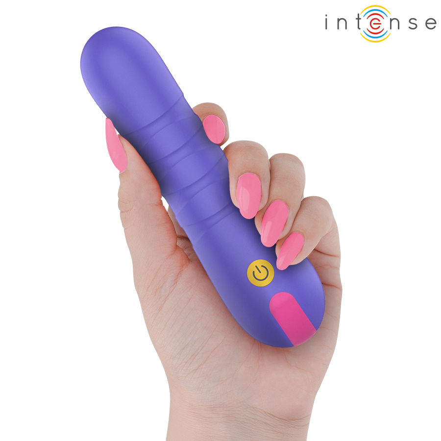 Imagem do vibrador INTENSE Stella com impulso vertical, mostrando o design ergonômico e material de silicone.