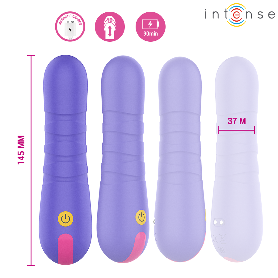 Imagem do vibrador INTENSE Stella com impulso vertical, mostrando o design ergonômico e material de silicone.