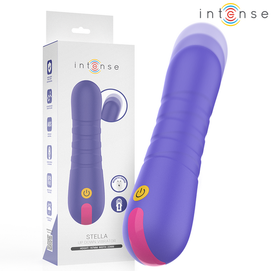 Imagem do vibrador INTENSE Stella com impulso vertical, mostrando o design ergonômico e material de silicone.