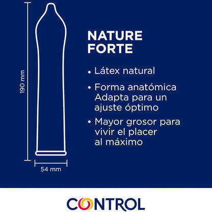 Pack de Preservativos CONTROL Nature Forte com espermicida, mostrando a embalagem de 144 unidades e detalhes do produto.