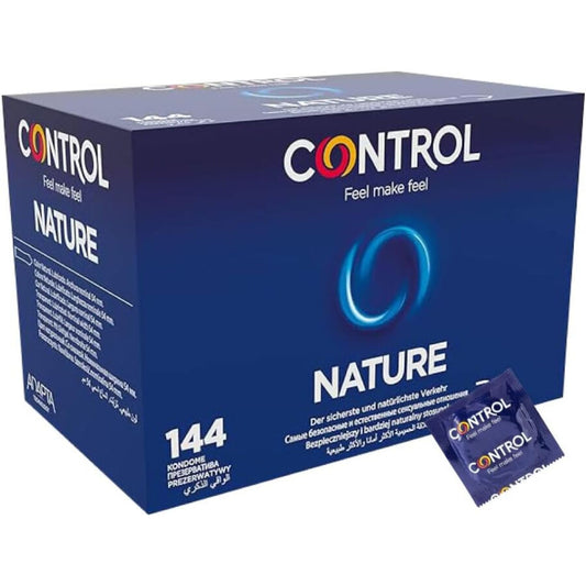 Embalagem dos preservativos Control Natureza Formato Adapta, 144 unidades, mostrando design e características.