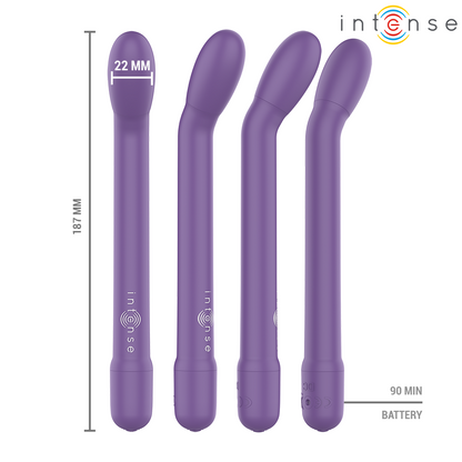 Close-up do INTENSE FUN Estimulador de Ponto G Recarregável Karlie Roxo, mostrando seu design ergonómico e cor vibrante.