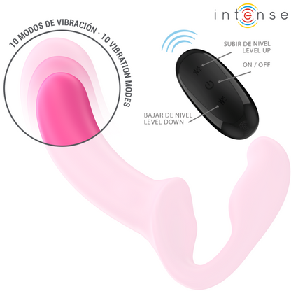 Close-up do Vibrador Duplo INTENSE Amy de 20cm com Controlo Remoto em silicone rosa, destacando a sua textura e design.