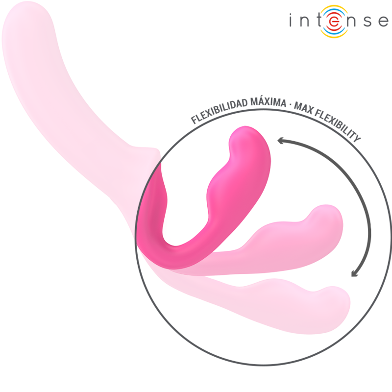Close-up do Vibrador Duplo INTENSE Amy de 20cm com Controlo Remoto em silicone rosa, destacando a sua textura e design.