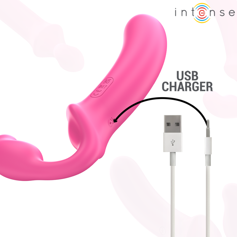 Close-up do Vibrador Duplo INTENSE Amy de 20cm com Controlo Remoto em silicone rosa, destacando a sua textura e design.