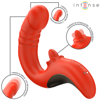 Vibrador e Estimulador Paulina U da Intense em vermelho, com design ergonômico para dupla estimulação do clitóris e ponto G.