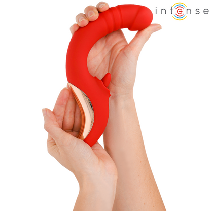 Vibrador e Estimulador Paulina U da Intense em vermelho, com design ergonômico para dupla estimulação do clitóris e ponto G.