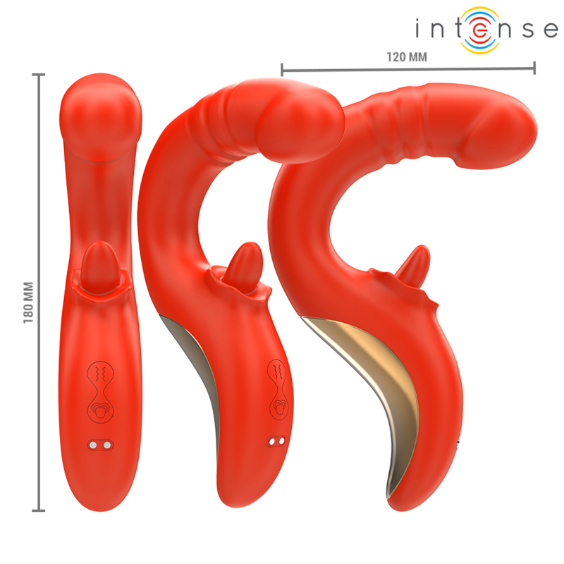 Vibrador e Estimulador Paulina U da Intense em vermelho, com design ergonômico para dupla estimulação do clitóris e ponto G.
