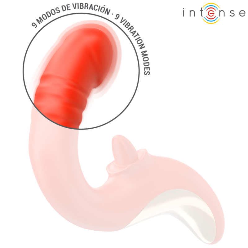 Vibrador e Estimulador Paulina U da Intense em vermelho, com design ergonômico para dupla estimulação do clitóris e ponto G.