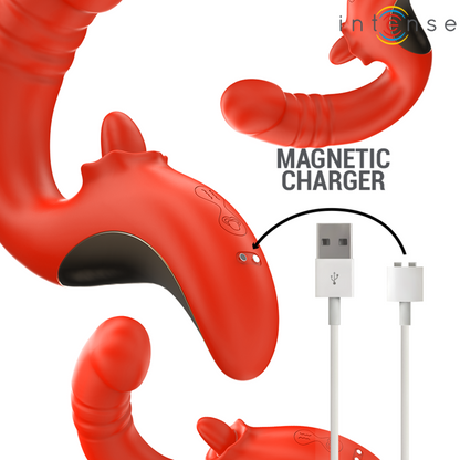 Vibrador e Estimulador Paulina U da Intense em vermelho, com design ergonômico para dupla estimulação do clitóris e ponto G.