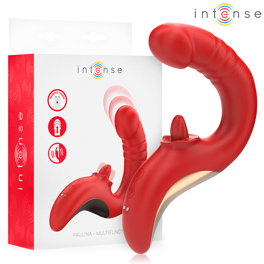 Vibrador e Estimulador Paulina U da Intense em vermelho, com design ergonômico para dupla estimulação do clitóris e ponto G.