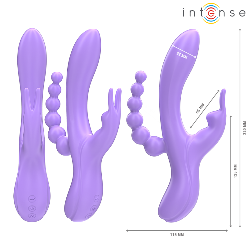 Close-up do Vibrador Triplo INTENSE MIKO, mostrando o vibrador estilo coelho e o estimulador anal.