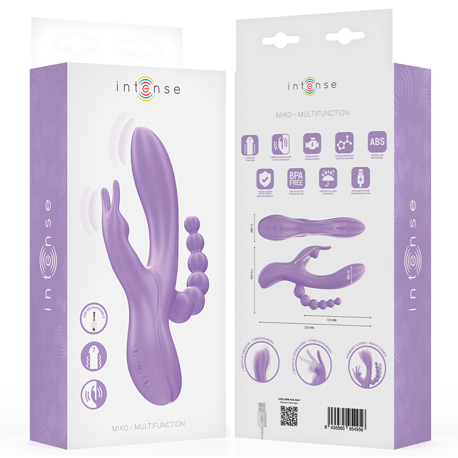 Close-up do Vibrador Triplo INTENSE MIKO, mostrando o vibrador estilo coelho e o estimulador anal.