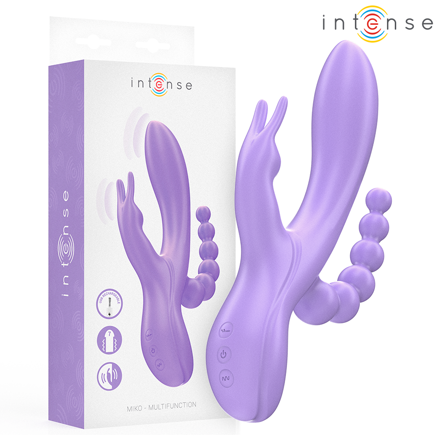 Close-up do Vibrador Triplo INTENSE MIKO, mostrando o vibrador estilo coelho e o estimulador anal.
