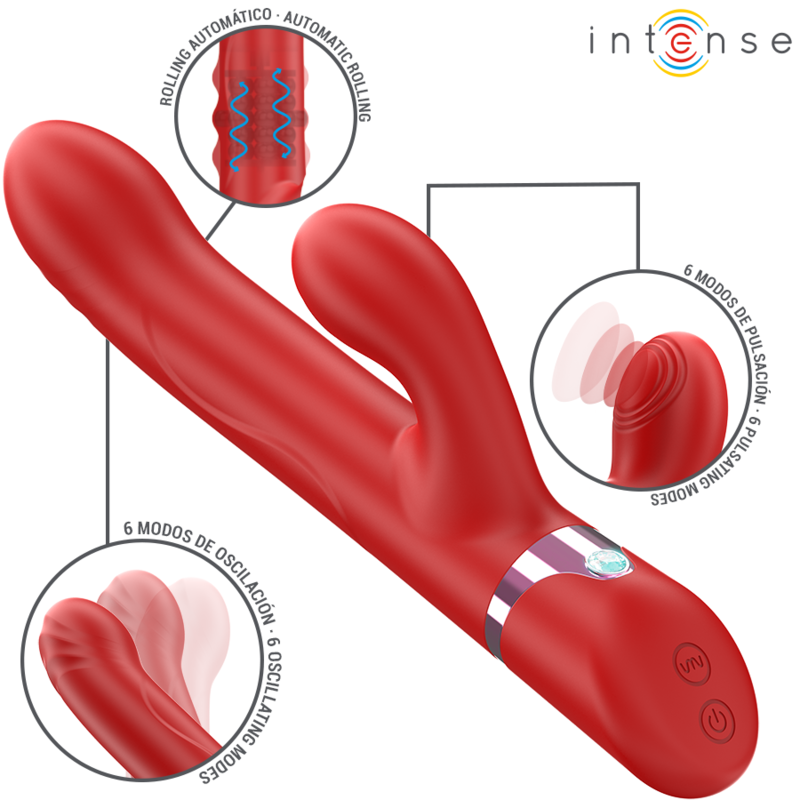 Close-up do vibrador INTENSE LELE multifuncional rotativo e oscilante, na cor vermelha.