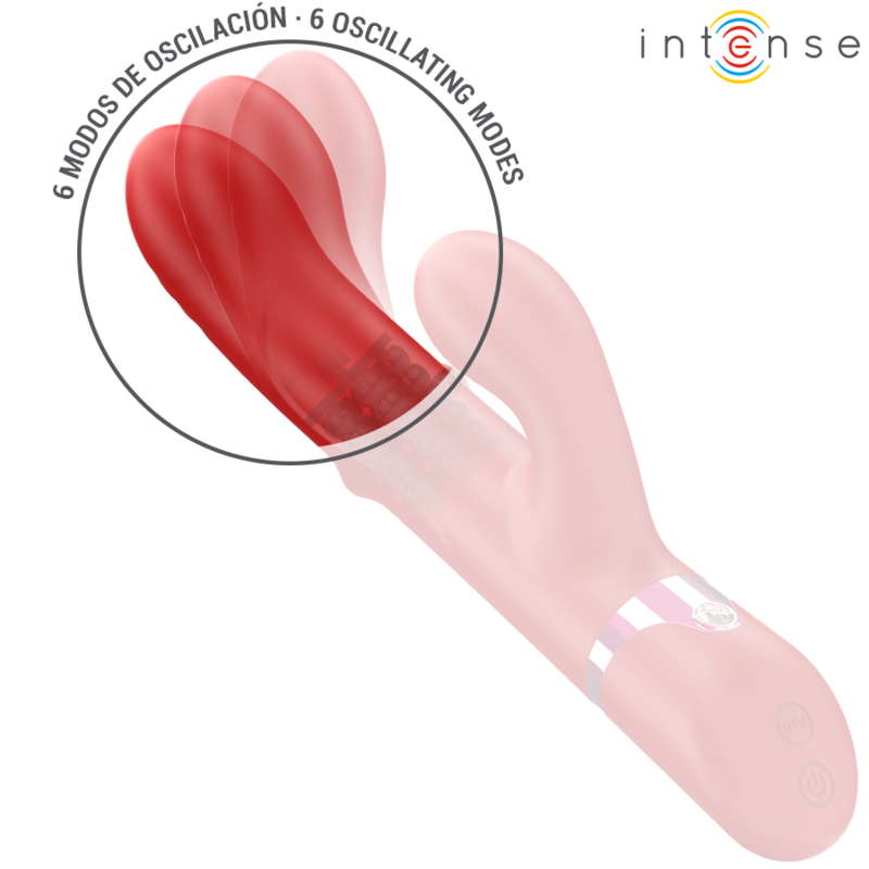 Close-up do vibrador INTENSE LELE multifuncional rotativo e oscilante, na cor vermelha.