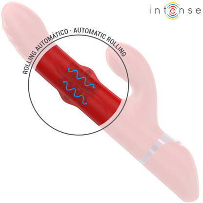 Close-up do vibrador INTENSE LELE multifuncional rotativo e oscilante, na cor vermelha.