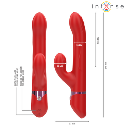Close-up do vibrador INTENSE LELE multifuncional rotativo e oscilante, na cor vermelha.