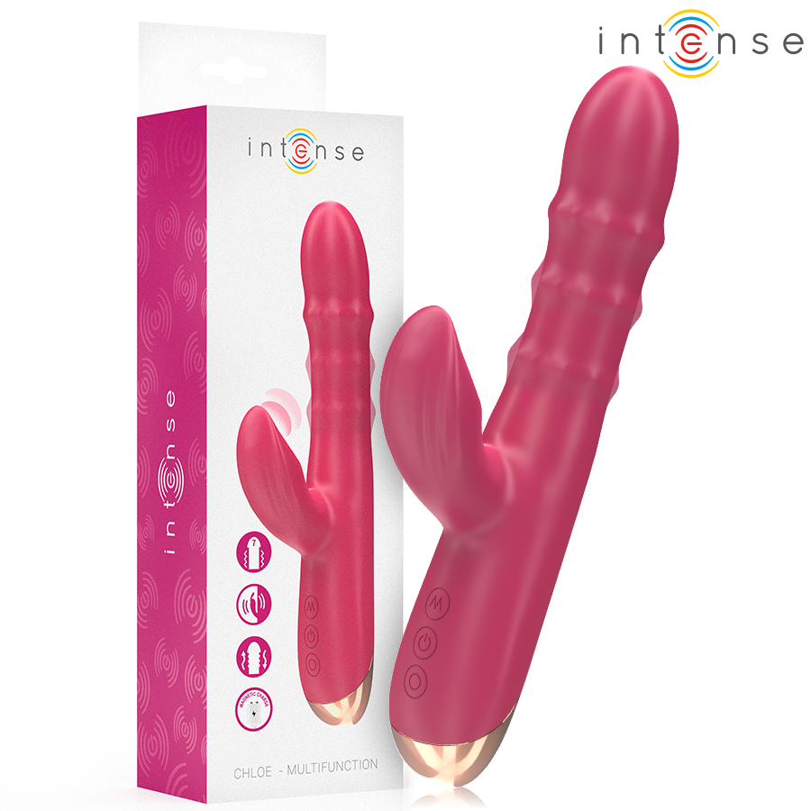 Close-up of the INTENSE Chloe Vibrador Multifuncional 3 em 1 Vermelho, showing its ergonomic design and silicone texture.