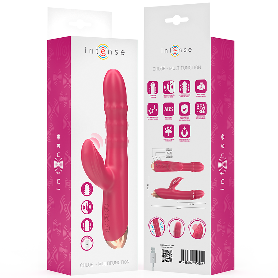 Close-up of the INTENSE Chloe Vibrador Multifuncional 3 em 1 Vermelho, showing its ergonomic design and silicone texture.