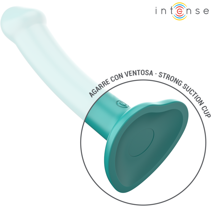Close-up do INTENSE Vibrador Katie Azul com Controle Remoto e Ventosa, mostrando seu design ergonômico e silicone suave.