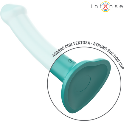 Close-up do INTENSE Vibrador Katie Azul com Controle Remoto e Ventosa, mostrando seu design ergonômico e silicone suave.