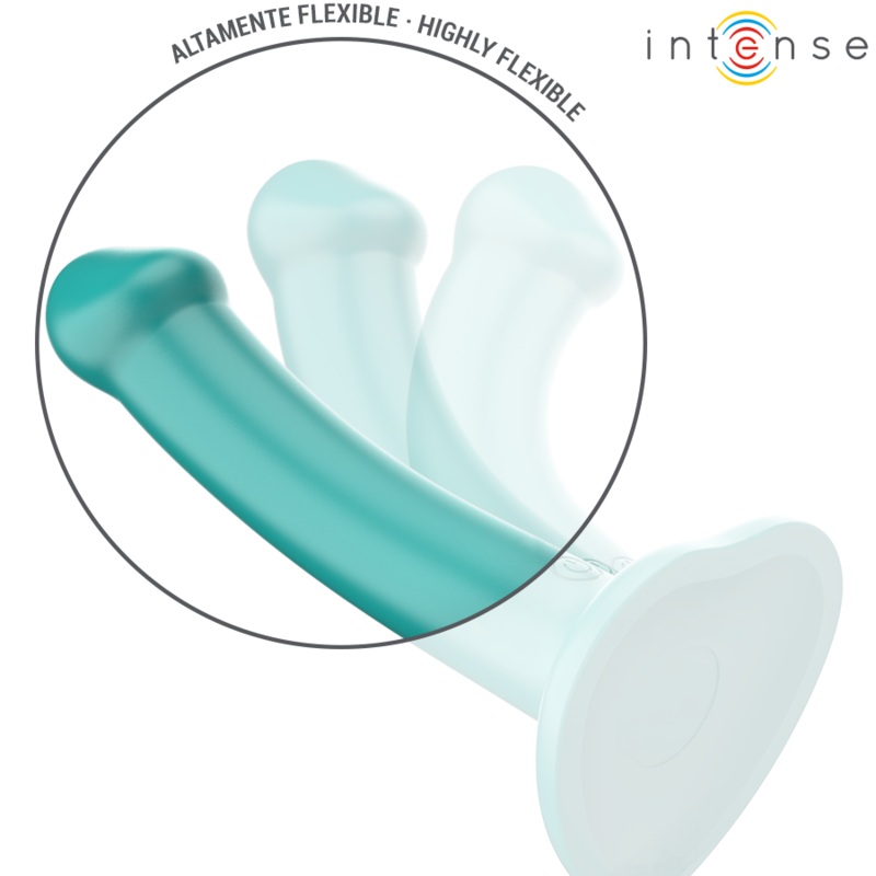 Close-up do INTENSE Vibrador Katie Azul com Controle Remoto e Ventosa, mostrando seu design ergonômico e silicone suave.
