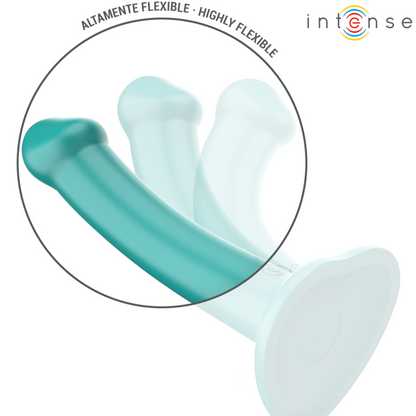 Close-up do INTENSE Vibrador Katie Azul com Controle Remoto e Ventosa, mostrando seu design ergonômico e silicone suave.