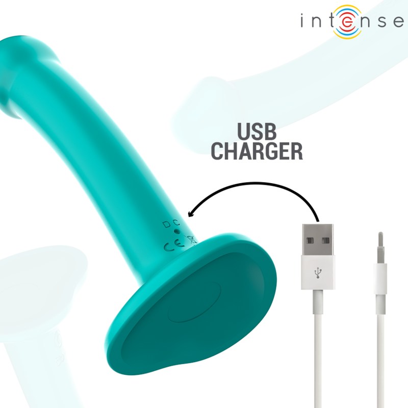 Close-up do INTENSE Vibrador Katie Azul com Controle Remoto e Ventosa, mostrando seu design ergonômico e silicone suave.